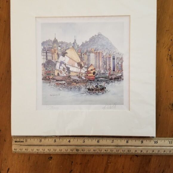 Chan Kau On's Hong Kong Harbour View of Hong Kong Signed Print Sail Boats Art - Picture 8 of 9